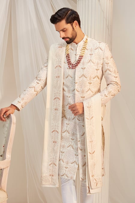 Rachit Khanna Ivory Silk Embroidery Floral Resham Sherwani Set Online at Aza Fashions Rachit Khanna_Ivory Silk Embroidery Floral Resham Sherwani Set _Online_at_Aza_Fashions