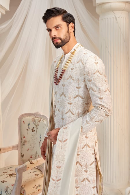 Buy Rachit Khanna Ivory Silk Embroidery Floral Resham Sherwani Set Online at Aza Fashions Buy_Rachit Khanna_Ivory Silk Embroidery Floral Resham Sherwani Set _Online_at_Aza_Fashions