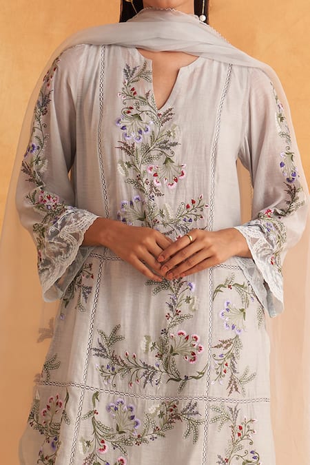 Akriti By Ritika Blue Chanderi, Organza Lace, Embroidery Split V-neck Floral Jaal Kurta Pant Set Online at Aza Fashions Akriti By Ritika_Blue Chanderi, Organza Lace, Embroidery Split V-neck Floral Jaal Kurta Pant Set_Online_at_Aza_Fashions