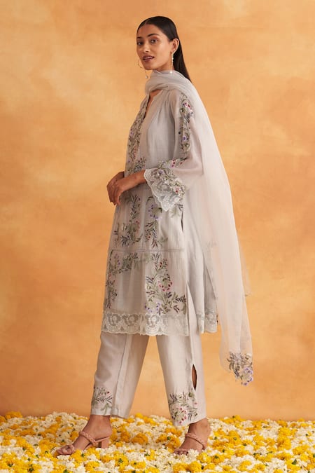 Buy Akriti By Ritika Blue Chanderi, Organza Lace, Embroidery Split V-neck Floral Jaal Kurta Pant Set Online at Aza Fashions Buy_Akriti By Ritika_Blue Chanderi, Organza Lace, Embroidery Split V-neck Floral Jaal Kurta Pant Set_Online_at_Aza_Fashions
