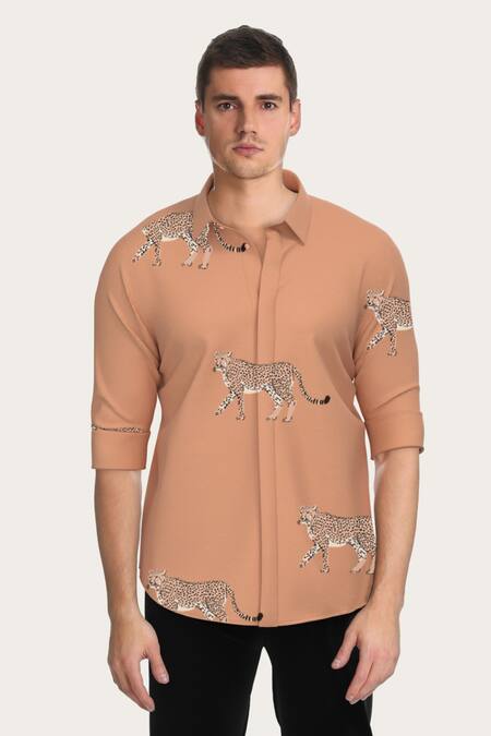 Hespoke Orange Cotton Embroidery Cheetah Print Shirt