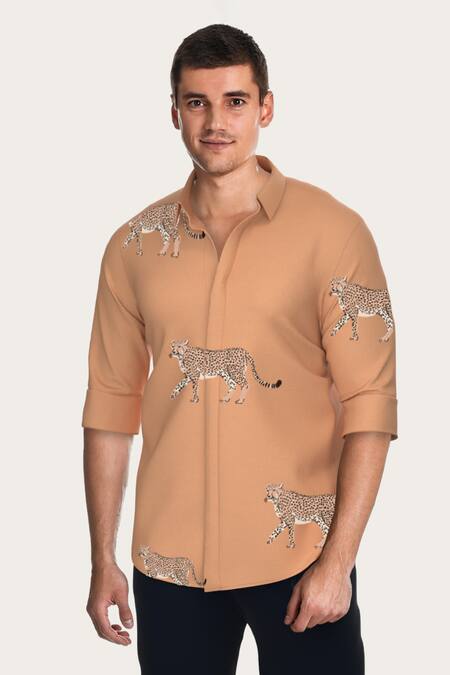 Hespoke Orange Cotton Embroidery Cheetah Print Shirt Online at Aza Fashions Hespoke_Orange Cotton Embroidery Cheetah Print Shirt_Online_at_Aza_Fashions