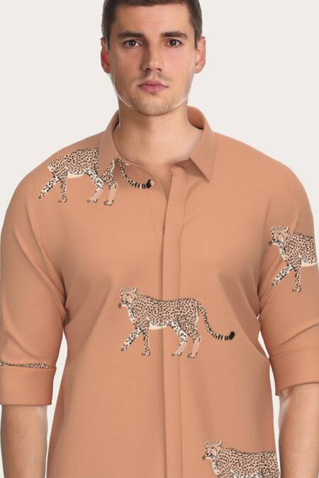 Buy Hespoke Orange Cotton Embroidery Cheetah Print Shirt Online at Aza Fashions Buy_Hespoke_Orange Cotton Embroidery Cheetah Print Shirt_Online_at_Aza_Fashions
