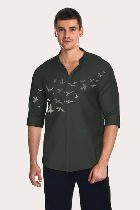 HeSpoke Green 100% Twill Cotton Printed Bird Shirt