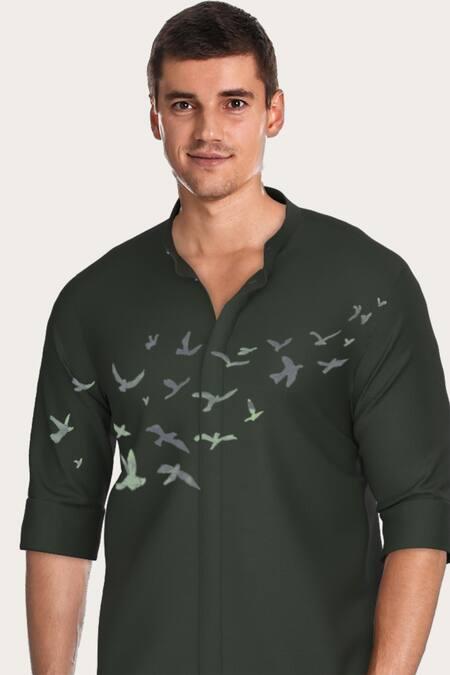Hespoke_Green Cotton Embroidery Bird Print Shirt_Online_at_Aza_Fashions