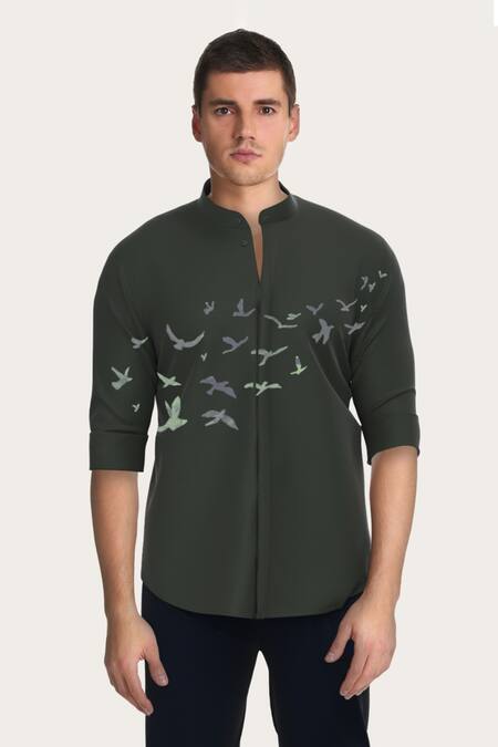 Buy_Hespoke_Green Cotton Embroidery Bird Print Shirt_Online_at_Aza_Fashions