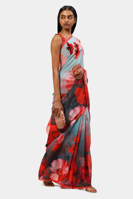 Buy_Satya Paul_Blue Chiffon Virile Red Flowers Print Saree_Online_at_Aza_Fashions