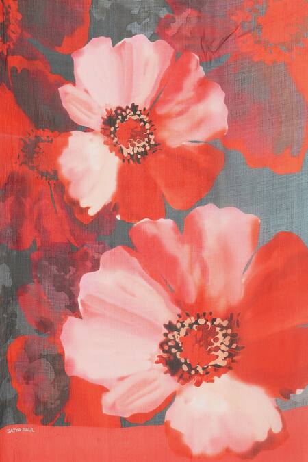 Satya Paul_Blue Chiffon Virile Red Flowers Print Saree_at_Aza_Fashions