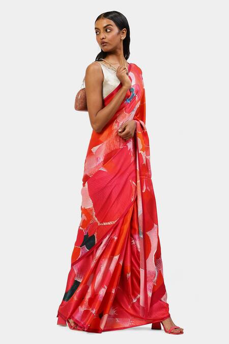 Buy_Satya Paul_Pink Georgette, Satin Burst Floral Print Saree_Online_at_Aza_Fashions