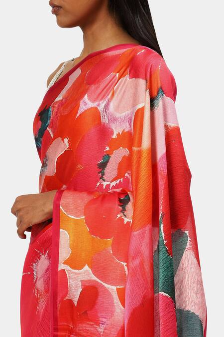 Shop_Satya Paul_Pink Georgette, Satin Burst Floral Print Saree_Online_at_Aza_Fashions