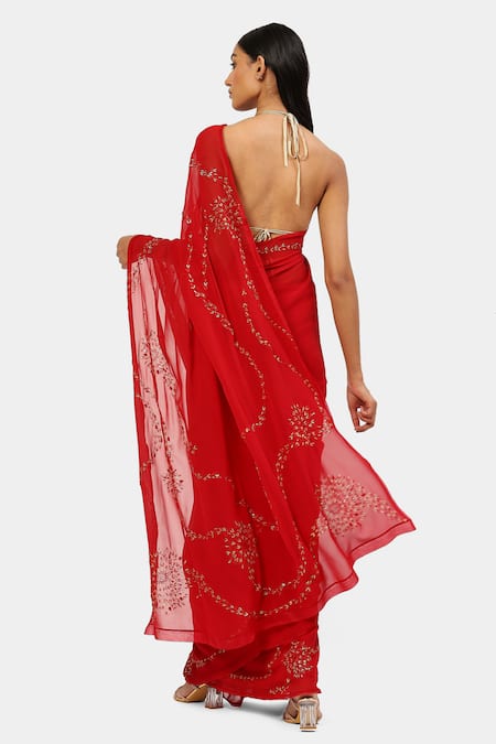 Shop Satya Paul Red Viscose, Georgette Sequins Lurex Thread And Work Saree at Aza Fashions Shop_Satya Paul_Red Viscose, Georgette Sequins Lurex Thread And Work Saree _at_Aza_Fashions