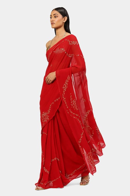 Satya Paul Red Viscose, Georgette Sequins Lurex Thread And Work Saree Online at Aza Fashions Satya Paul_Red Viscose, Georgette Sequins Lurex Thread And Work Saree _Online_at_Aza_Fashions