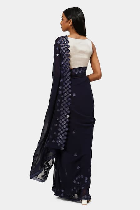 Shop Satya Paul Blue Viscose, Georgette Sequins, Applique Night Floral Embroidered Saree at Aza Fashions Shop_Satya Paul_Blue Viscose, Georgette Sequins, Applique Night Floral Embroidered Saree _at_Aza_Fashions