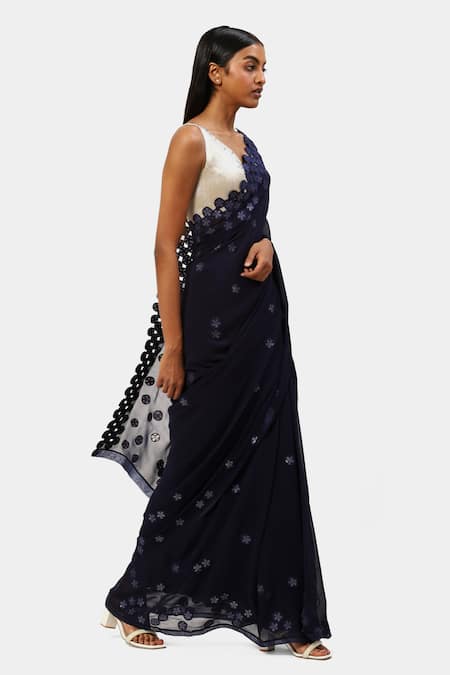 Buy Satya Paul Blue Viscose, Georgette Sequins, Applique Night Floral Embroidered Saree Online at Aza Fashions Buy_Satya Paul_Blue Viscose, Georgette Sequins, Applique Night Floral Embroidered Saree _Online_at_Aza_Fashions