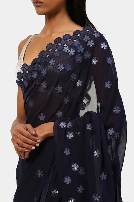Shop Satya Paul Blue Viscose, Georgette Sequins, Applique Night Floral Embroidered Saree Online at Aza Fashions Shop_Satya Paul_Blue Viscose, Georgette Sequins, Applique Night Floral Embroidered Saree _Online_at_Aza_Fashions