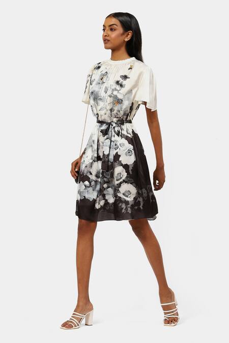 Satya Paul_Black Polyester, Muslin Embroidery, Beads Singapore Floral Print Dress_Online_at_Aza_Fashions