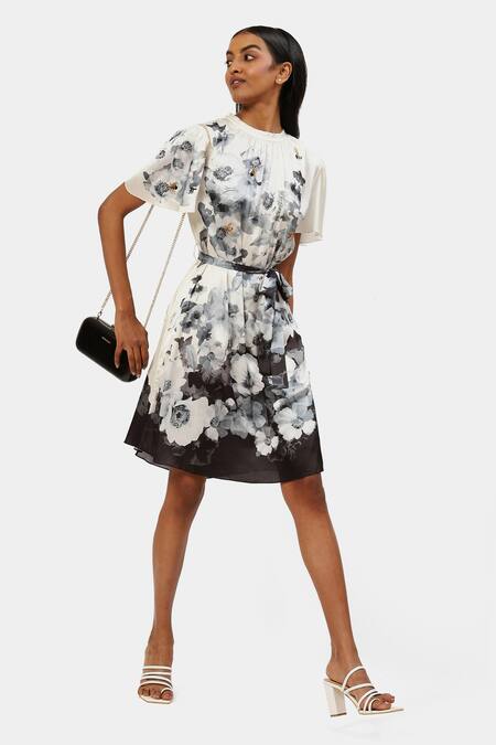 Buy_Satya Paul_Black Polyester, Muslin Embroidery, Beads Singapore Floral Print Dress_Online_at_Aza_Fashions