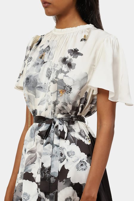 Shop_Satya Paul_Black Polyester, Muslin Embroidery, Beads Singapore Floral Print Dress_Online_at_Aza_Fashions