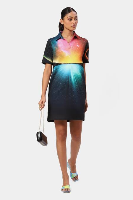 Satya Paul Black Neoprene Collared Scuba Advantage Printed Dress 
