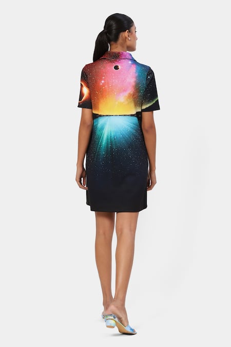 Shop Satya Paul Black Neoprene Collared Scuba Advantage Printed Dress at Aza Fashions Shop_Satya Paul_Black Neoprene Collared Scuba Advantage Printed Dress _at_Aza_Fashions