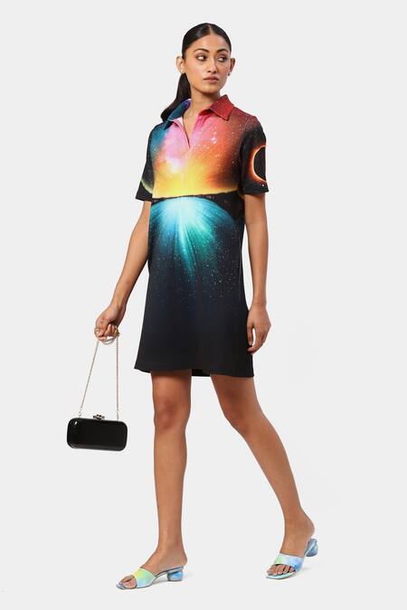 Satya Paul Black Neoprene Collared Scuba Advantage Printed Dress Online at Aza Fashions Satya Paul_Black Neoprene Collared Scuba Advantage Printed Dress _Online_at_Aza_Fashions