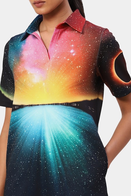 Shop Satya Paul Black Neoprene Collared Scuba Advantage Printed Dress Online at Aza Fashions Shop_Satya Paul_Black Neoprene Collared Scuba Advantage Printed Dress _Online_at_Aza_Fashions