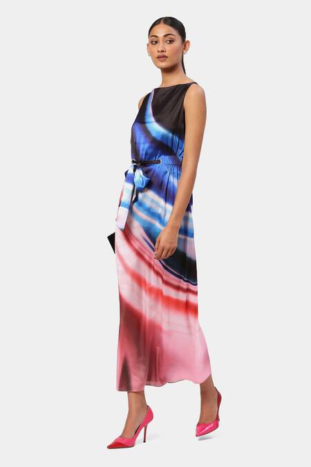 Satya Paul_Multi Color Polyester Boat Neck Haze Print Easy Dress _Online_at_Aza_Fashions