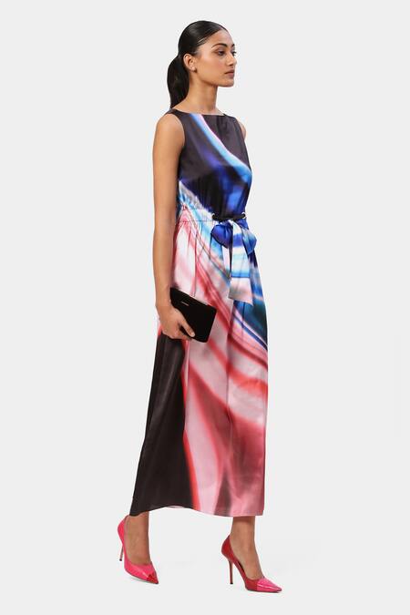 Buy_Satya Paul_Multi Color Polyester Boat Neck Haze Print Easy Dress _Online_at_Aza_Fashions