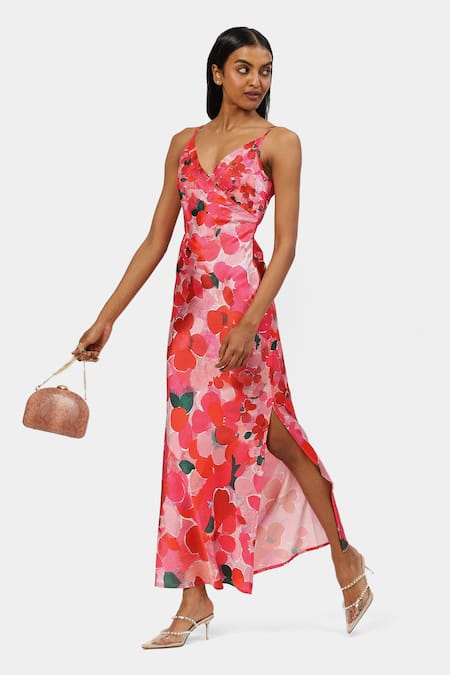 Satya Paul_Pink Organza Split V-neck Floral Print Lady Dress _Online_at_Aza_Fashions