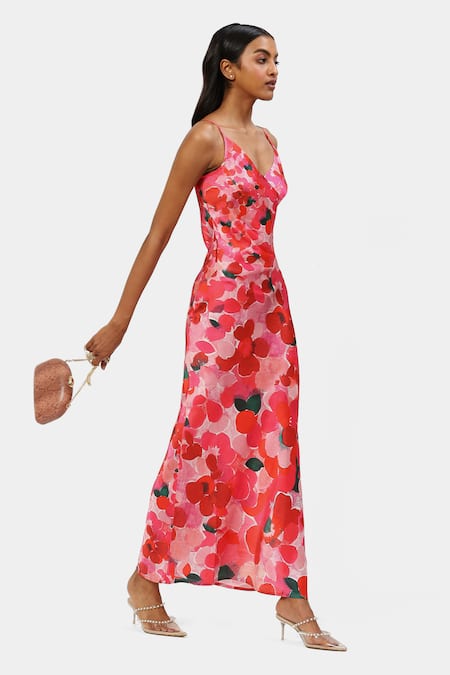 Buy_Satya Paul_Pink Organza Split V-neck Floral Print Lady Dress _Online_at_Aza_Fashions