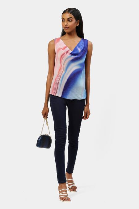 Satya Paul Blue Viscose, Crepe Crystals Cowl Neck Future Haze Print Top 