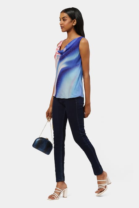 Satya Paul Blue Viscose, Crepe Crystals Cowl Neck Future Haze Print Top Online at Aza Fashions Satya Paul_Blue Viscose, Crepe Crystals Cowl Neck Future Haze Print Top _Online_at_Aza_Fashions