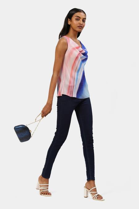 Buy Satya Paul Blue Viscose, Crepe Crystals Cowl Neck Future Haze Print Top Online at Aza Fashions Buy_Satya Paul_Blue Viscose, Crepe Crystals Cowl Neck Future Haze Print Top _Online_at_Aza_Fashions