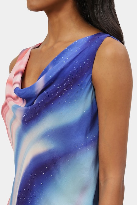 Shop Satya Paul Blue Viscose, Crepe Crystals Cowl Neck Future Haze Print Top Online at Aza Fashions Shop_Satya Paul_Blue Viscose, Crepe Crystals Cowl Neck Future Haze Print Top _Online_at_Aza_Fashions