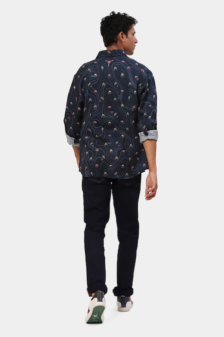 Shop Satya Paul Blue Linen Embroidery Printed Sunday Shirt at Aza Fashions Shop_Satya Paul_Blue Linen Embroidery Printed Sunday Shirt _at_Aza_Fashions