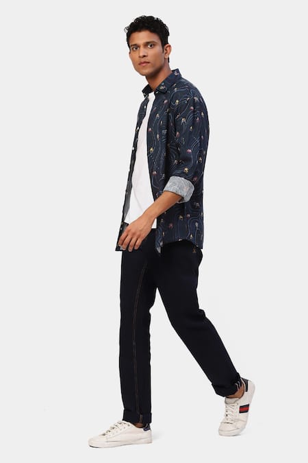 Satya Paul Blue Linen Embroidery Printed Sunday Shirt Online at Aza Fashions Satya Paul_Blue Linen Embroidery Printed Sunday Shirt _Online_at_Aza_Fashions