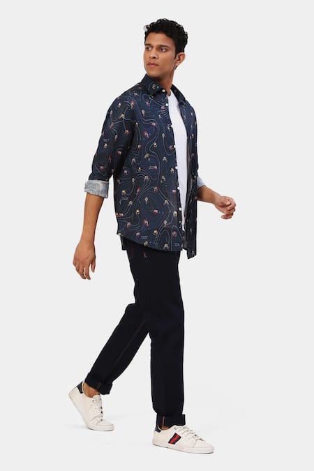 Buy Satya Paul Blue Linen Embroidery Printed Sunday Shirt Online at Aza Fashions Buy_Satya Paul_Blue Linen Embroidery Printed Sunday Shirt _Online_at_Aza_Fashions