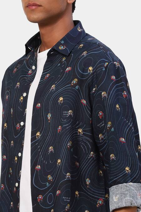 Shop Satya Paul Blue Linen Embroidery Printed Sunday Shirt Online at Aza Fashions Shop_Satya Paul_Blue Linen Embroidery Printed Sunday Shirt _Online_at_Aza_Fashions