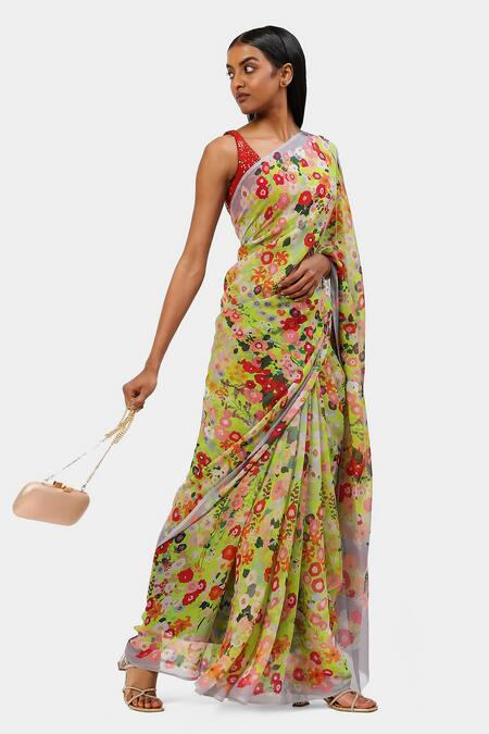 Buy Satya Paul Green Chiffon The Floral Print Forever Summer Saree Online at Aza Fashions Buy_Satya Paul_Green Chiffon The Floral Print Forever Summer Saree_Online_at_Aza_Fashions