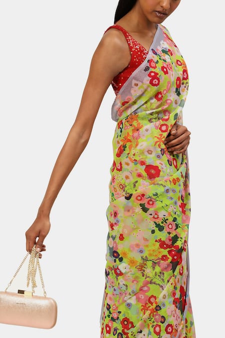 Shop Satya Paul Green Chiffon The Floral Print Forever Summer Saree Online at Aza Fashions Shop_Satya Paul_Green Chiffon The Floral Print Forever Summer Saree_Online_at_Aza_Fashions