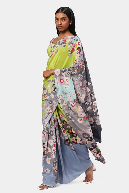 Satya Paul_Green Silk, Crepe The Floral Print Saree_Online_at_Aza_Fashions