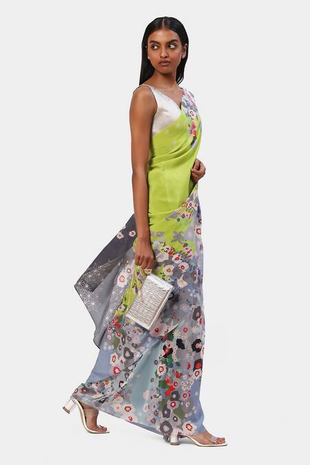 Buy_Satya Paul_Green Silk, Crepe The Floral Print Saree_Online_at_Aza_Fashions