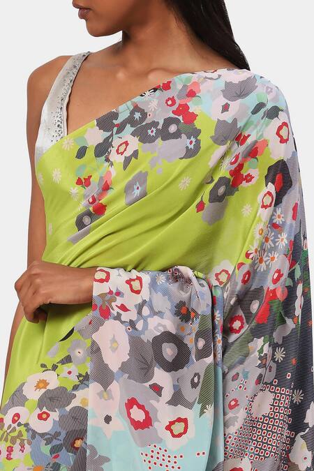 Shop_Satya Paul_Green Silk, Crepe The Floral Print Saree_Online_at_Aza_Fashions