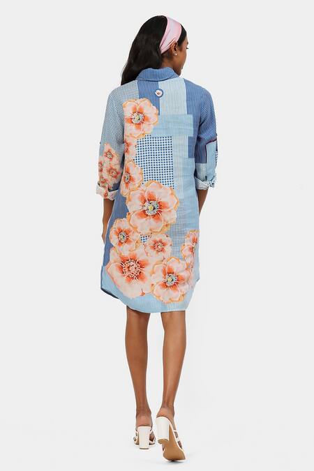 Shop Satya Paul Blue Linen Embroidery Shawl Neck The Printed Off Duty Tunic at Aza Fashions Shop_Satya Paul_Blue Linen Embroidery Shawl Neck The Printed Off Duty Tunic _at_Aza_Fashions