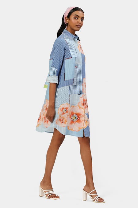 Buy Satya Paul Blue Linen Embroidery Shawl Neck The Printed Off Duty Tunic Online at Aza Fashions Buy_Satya Paul_Blue Linen Embroidery Shawl Neck The Printed Off Duty Tunic _Online_at_Aza_Fashions