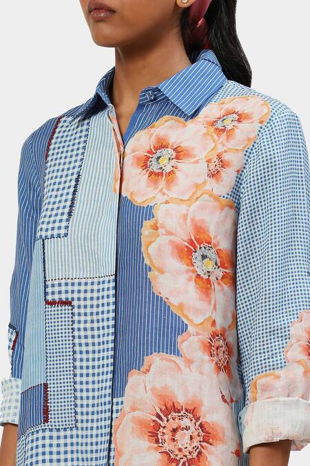 Shop Satya Paul Blue Linen Embroidery Shawl Neck The Printed Off Duty Tunic Online at Aza Fashions Shop_Satya Paul_Blue Linen Embroidery Shawl Neck The Printed Off Duty Tunic _Online_at_Aza_Fashions