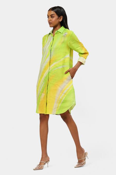 Satya Paul_Green Linen Shawl Neck The Printed Tunic _Online_at_Aza_Fashions