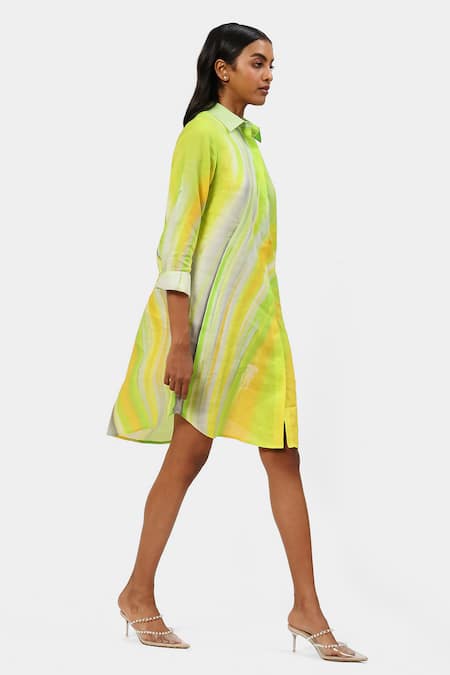 Buy_Satya Paul_Green Linen Shawl Neck The Printed Tunic _Online_at_Aza_Fashions