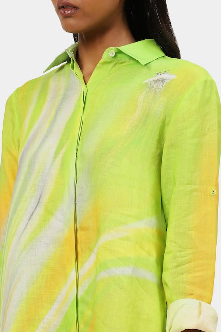 Shop_Satya Paul_Green Linen Shawl Neck The Printed Tunic _Online_at_Aza_Fashions