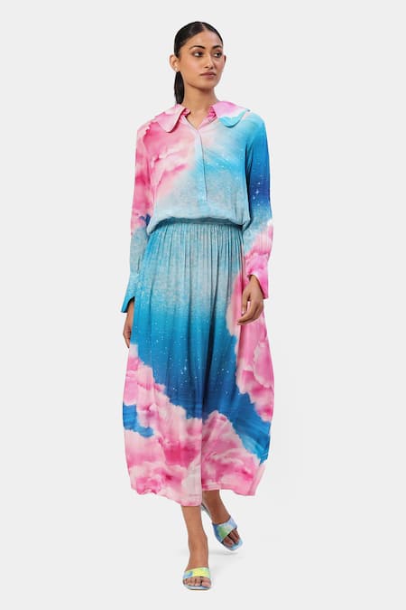 Satya Paul Pink Viscose, Crepe Shawl Neck The Printed Spring Dress 